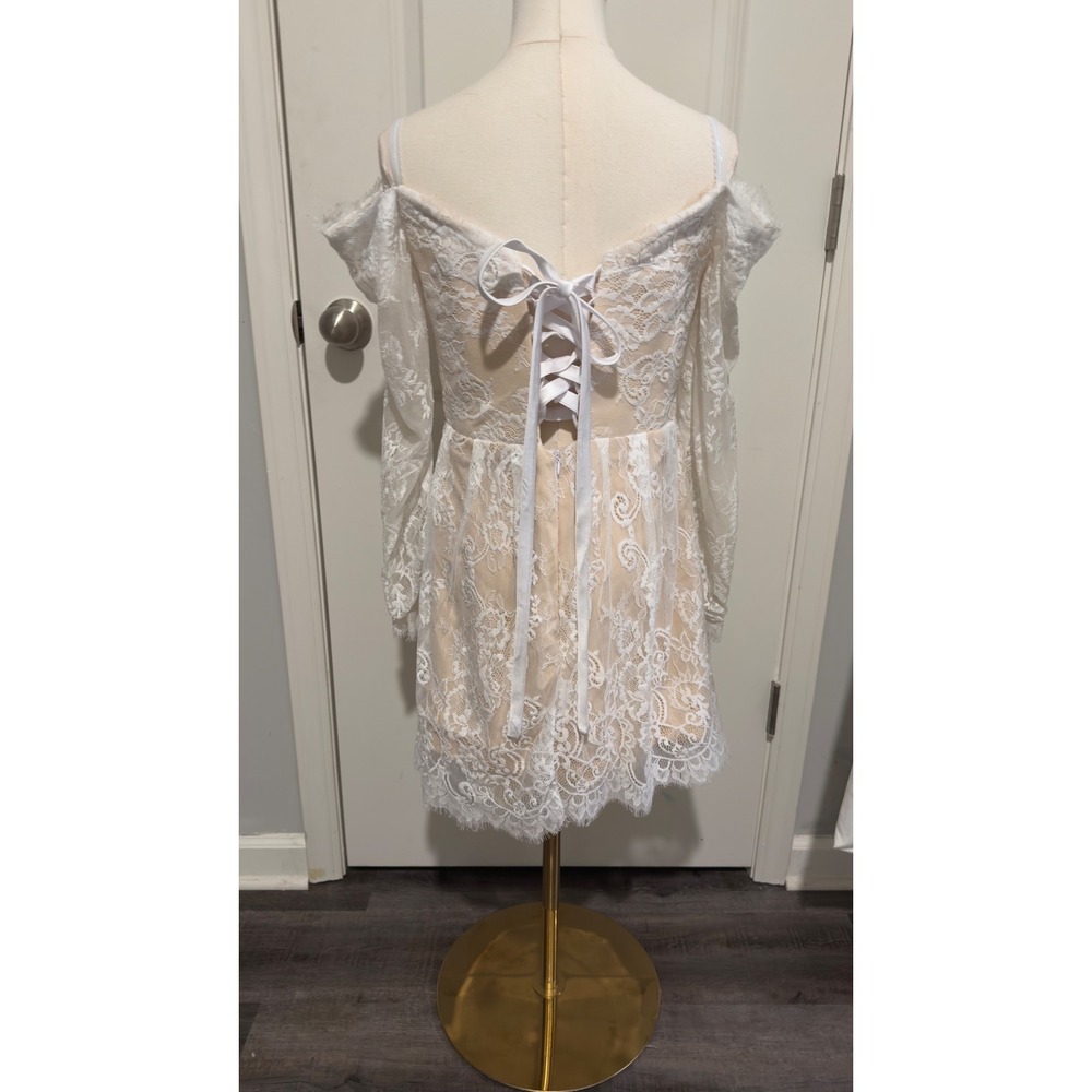White Lace Off Shoulder Corset Back Mini Dress Gla Party Sexy Wedding Rehearsal - Picture 3 of 10
